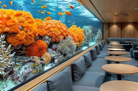 Modern Cafe Interior With Large Coral Reef Aquarium Premium Ai