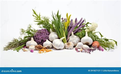 A Top Down View Of Fresh Garlic Bulbs And An Assortment Of Aromatic