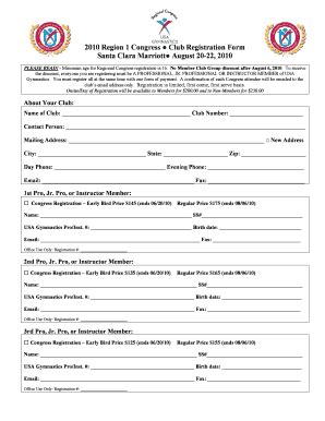 Fillable Online Usagym 2010 Region 1 Congress Club Registration Form