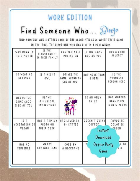 Find Someone Who Bingo Office Party Game Coworker Staff Game Fun Work