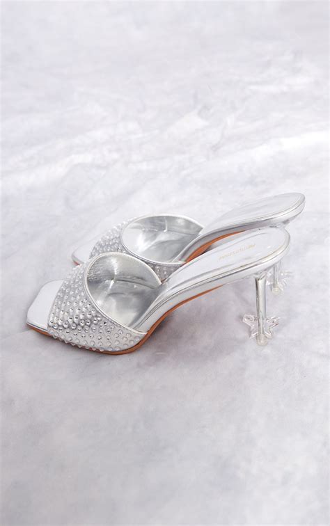 Silver Diamante Star Mid High Heeled Mule Sandals Prettylittlething Usa