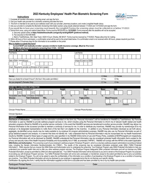 Printable Biometric Screening Form