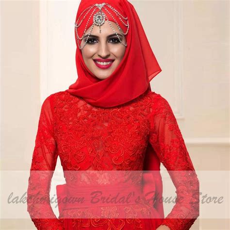 Red Hijab Wedding Dress Elegant Long Sleeve O Neck Roycebridal Official Store