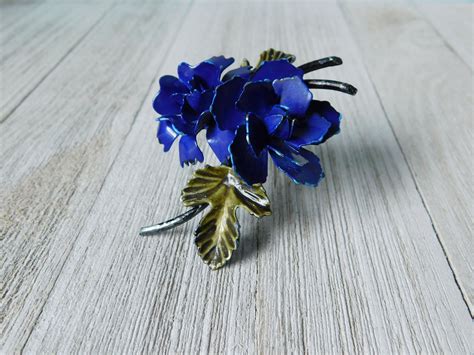 Mid Century Coro Dark Blue Enameled Flowers Brooch Metal Etsy