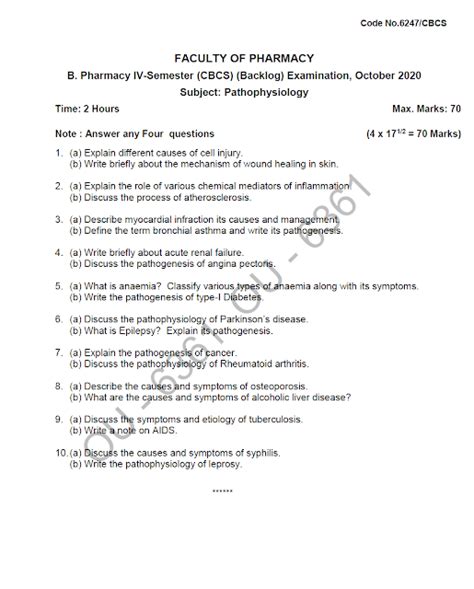 Osmania University B Pharmacy IV Semester CBCS Backlog Subject