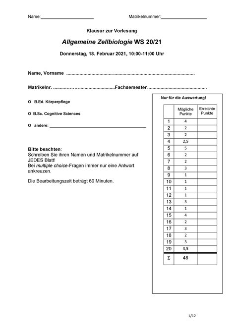 Zellbiologie Klausur 1 mit Lösungen Klausur zur Vorlesung