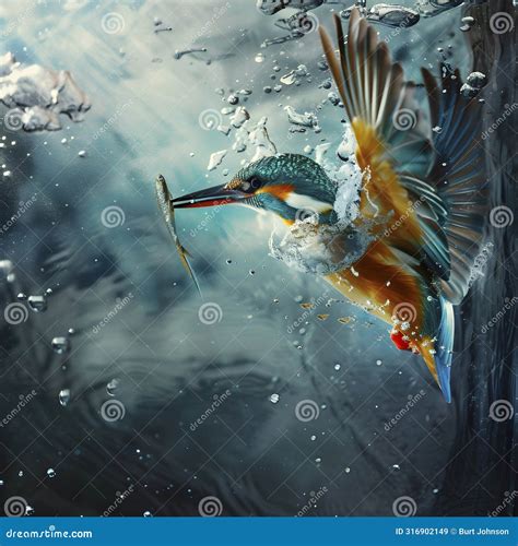 Vibrant Kingfisher Bird Catching A Fish Mid Dive With Dramatic Water