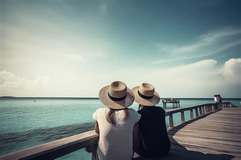 Una Hermosa Pareja De Turistas Con Sombreros Se Sienta En Una Playa