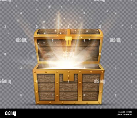 Realistic Open Chest Vintage Old Treasure Wooden Box With Golden Glowing Inside Vector