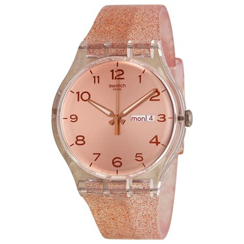 Swatch Glistar Pink Gold Dial Pink Silicone Ladies Watch Suok703