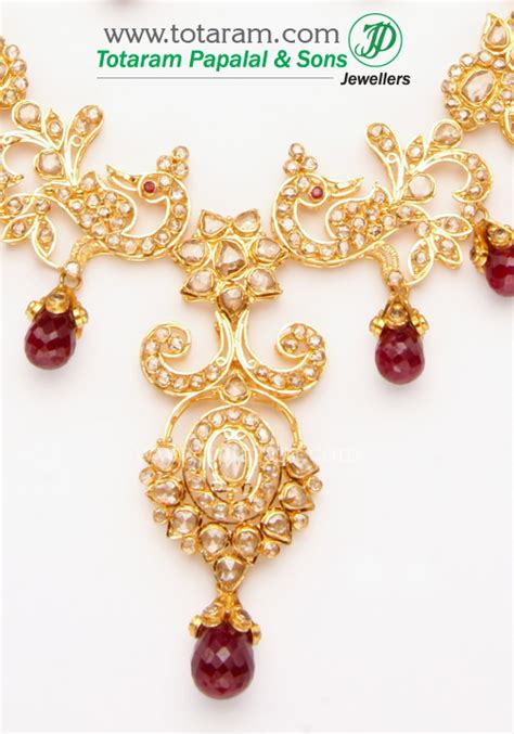 K Gold Uncut Diamond Necklace Drop Earrings Set With Ruby Beads