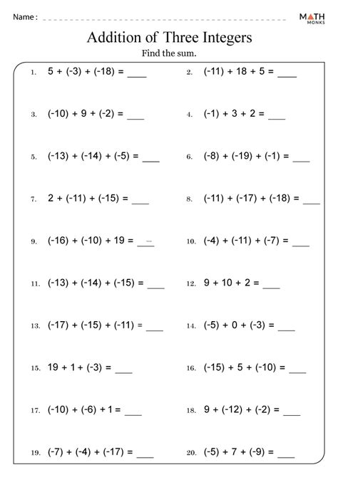 Integers Worksheets For Grade Math Monks