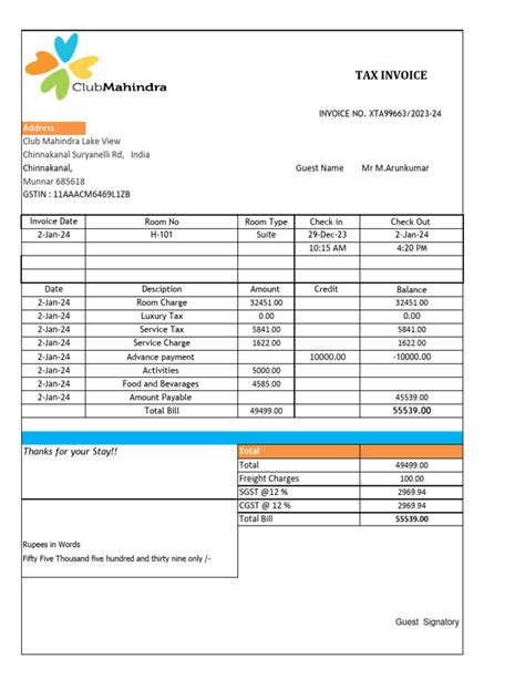 Club Mahindra Invoice Munnar Pdf