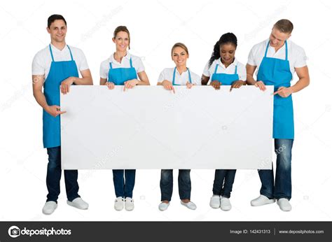 Group Happy Janitors Different Multi Ethnicity Holding Blank Banner