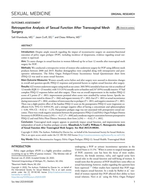 Pdf Retrospective Analysis Of Sexual Function After Transvaginal Mesh