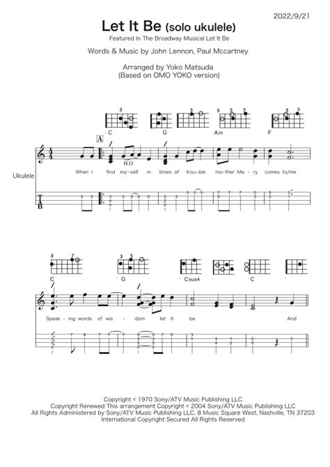 Let It Be Arr Yoko Matsuda By The Beatles Sheet Music For Ukulele At