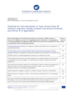 Fillable Online Ema Europa Checklist For Type IA And IB PI And Annex A