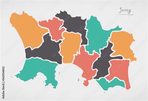 Jersey Island Map with states and modern round shapes Stock Vector ...