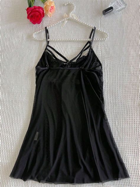 2pcs Set Women S Sexy Lace Lingerie Strappy Camisole Sheer Mesh See Through Nightgown