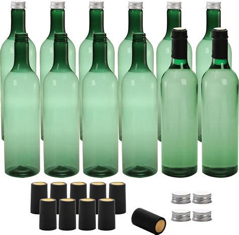 Wuweot 12 Pack Plastic Wine Bottles 750ml Empty Bordeaux Style Liquor Bottles Reusable Green