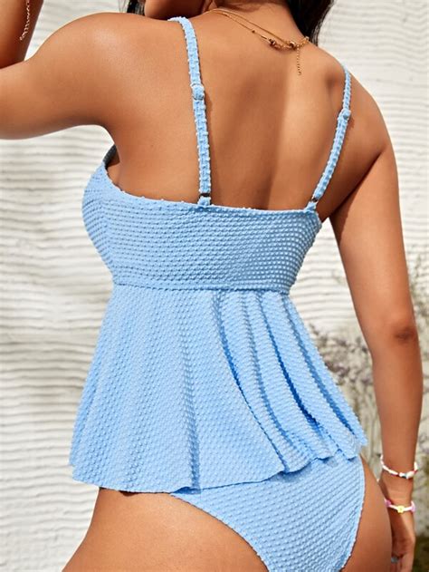 Shein Swim Basics Swiss Dot Tankini Set Ruffle Hem Cami Top And High