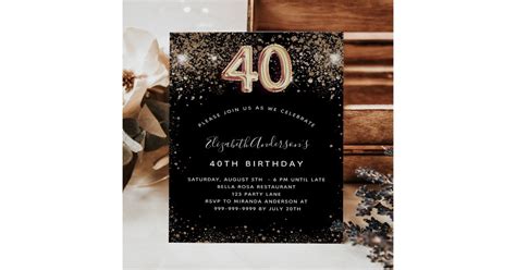 40th Birthday Black Gold Glitter Budget Invitation Flyer Zazzle