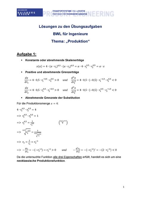 Lösungen Produktion BWL für Ingenieure Winter Semester 2021 2022