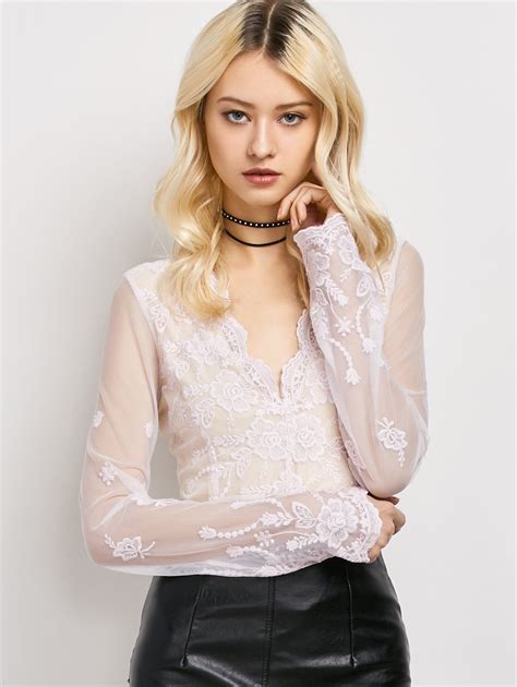 37 Off Long Sleeve Sheer Floral Lace Top Rosegal