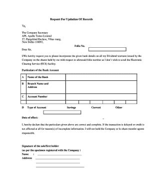 Fillable Online Request For Updation Of Records Apl Apollo Tubes