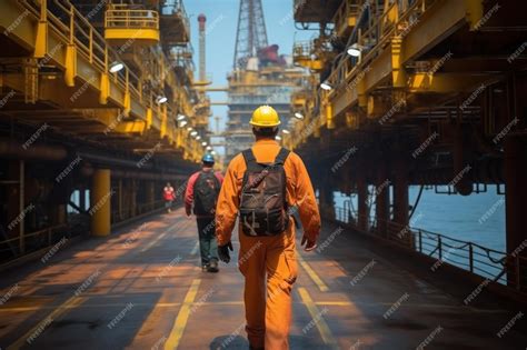 Premium Ai Image An Offshore Oil Rig Worker Walks To An Oil And Gas