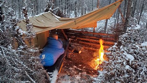 Winter Camping In Snow Storm With Survival Shelter Bushcraft Cot