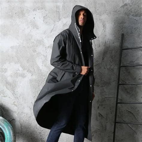 Waterproof Long Black Raincoat Men Rain Coat Hooded Trench Jacket ...