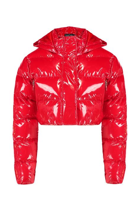 Boohoo Crop Vinyl Puffer Jacket In Red Lyst