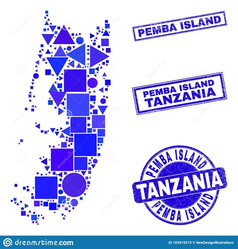 Blue Geometric Mosaic Pemba Island Map And Seals Stock Vector