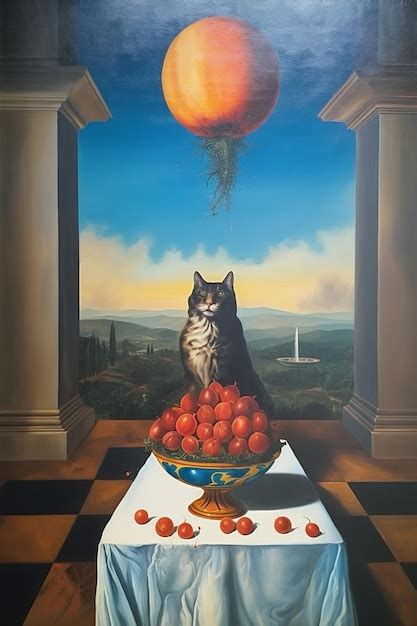 Una Pintura De Un Gato Y Un Plato De Frutas Con Las Palabras Gato