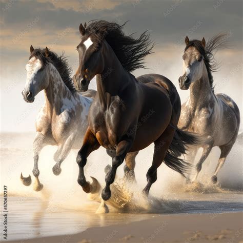 Wild horses running on a beach. Ai generated Stock Illustration | Adobe ...