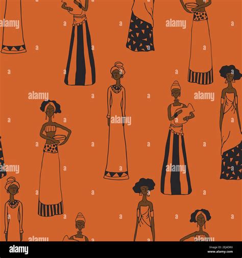 Seamless vector pattern with women on orange background. Beautiful ...