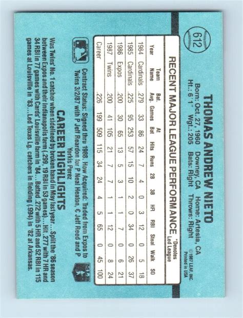 1988 Donruss Tom Nieto Minnesota Twins 612 EBay