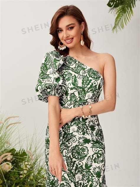 SHEIN Mulvari Vestido Con Estampado Floral De Un Hombro De Manga Farol