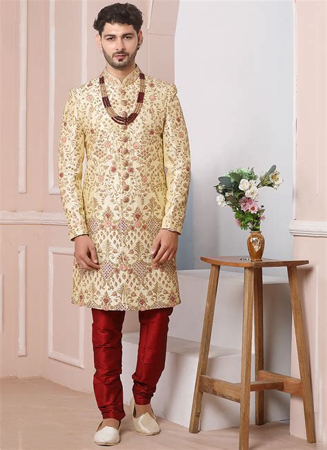 Buy Wedding Wear Golden Embroidery Work Art Banarasi Silk Chudidar