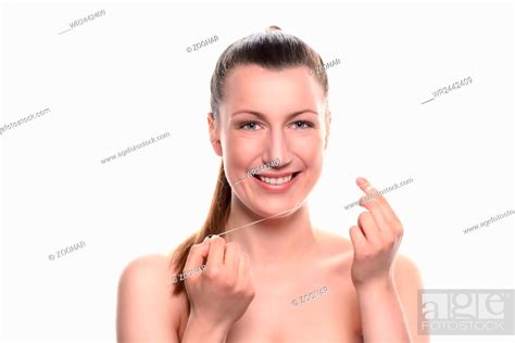 Smiling Naked Woman Holding Dental Floss Stock Photo Picture And