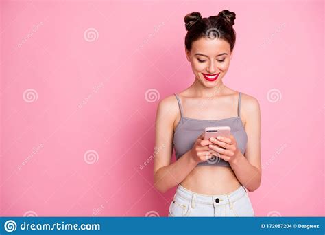 Portrait Of Positive Cheerful Girl Use Cell Phone Read Social Media