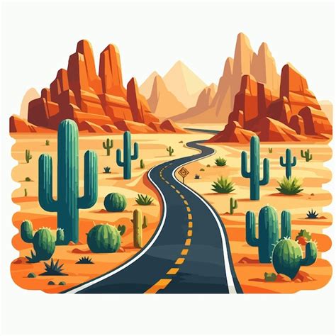 Paisaje Desértico Con Rocas De Carretera Y Cactus Ilustración De Dibujos Animados Vectoriales De