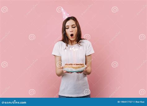 Happy Woman Blowing Out Candles On Birthday Cake Stock Image Image Of