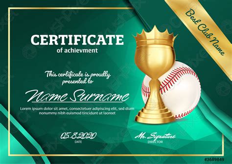 Certificado de béisbol diploma con copa de oro vector vector de stock