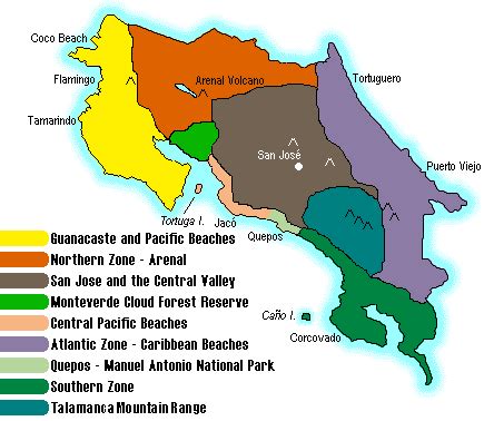 Costa Rica Map by regions - Costa Rica adventure tours and hotel ...