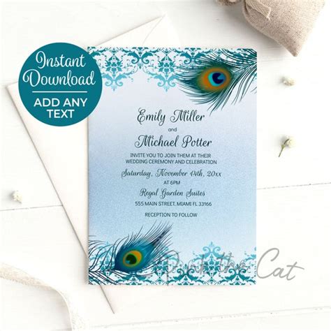 Peacock Wedding Invitation Teal Blue With Feathers And Ethnic Etsy