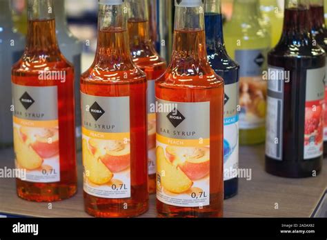 Tyumen, Russia-October 11, 2019: Rioba syrup for making peach cocktails ...