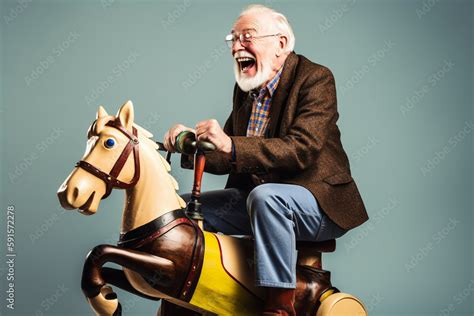 Funny old man riding a wooden toy horse and laughing loudly, having fun ...