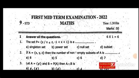 9th Std Maths First Midterm Test Original Question Paper 2022